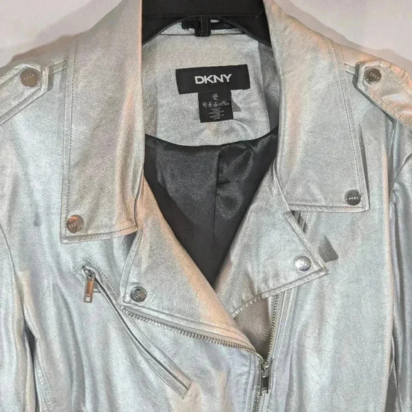 DKNY Metallic Silver Moto Style Faux Leather Jacket SZ XL - Picture 4 of 8